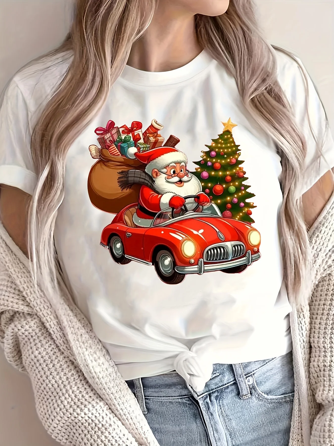 

Women's Christmas Santa Claus Print T-Shirt Round Neck Short Sleeve Cotton Tees Retro Hip Hop Y2k T-shirt Summer Women Clothing