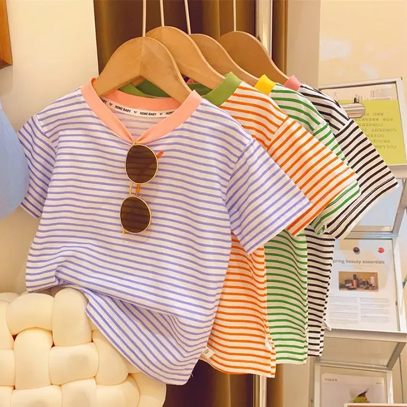 

Children's Striped T-shirts for Boys Girls Summer Cotton Short Sleeve T-shirts Tops Tees Baby Kids Girls Casual Clothes 1-8 Year