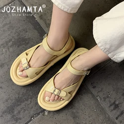 JOZHAMTA Size 33-40 Women Wedges Sandals Real Leather Buckle Strap Low Heels Summer Shoes 2025 Ins Casual Beach Daily Dress