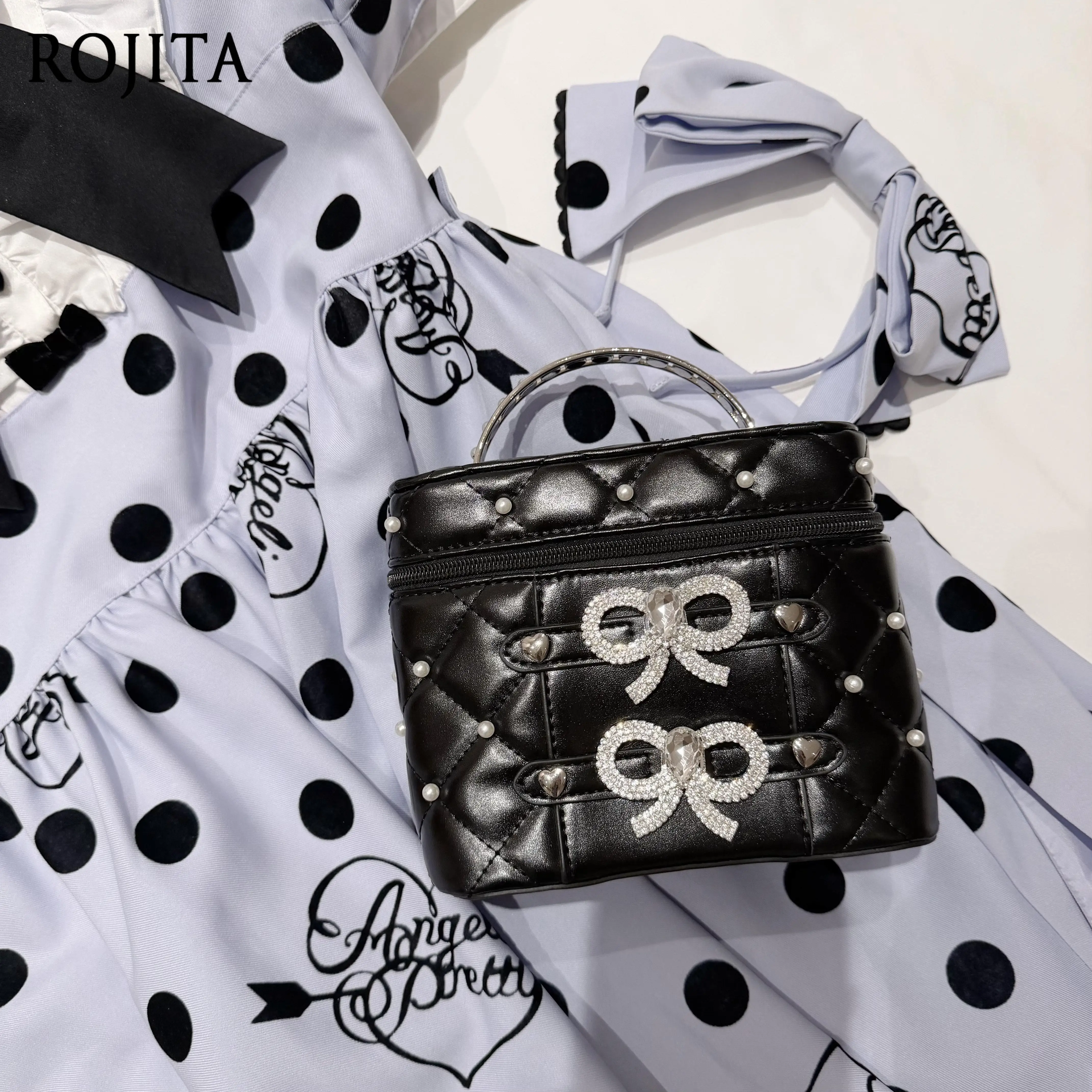 2026 New Japanese Sweet Bow Rhinestone Pearl Handbag Mass-Produced Heart Zipper Plaid Crossbody Bag Lolita Girl Handbags