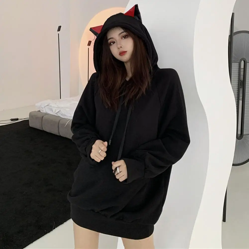 Harajuku Cat Ears Hoodie Women Black Kawaii Long Sleeve Autumn Winter Hooded Sweatshirt Gothic Streetwear Loose Casual Clothes