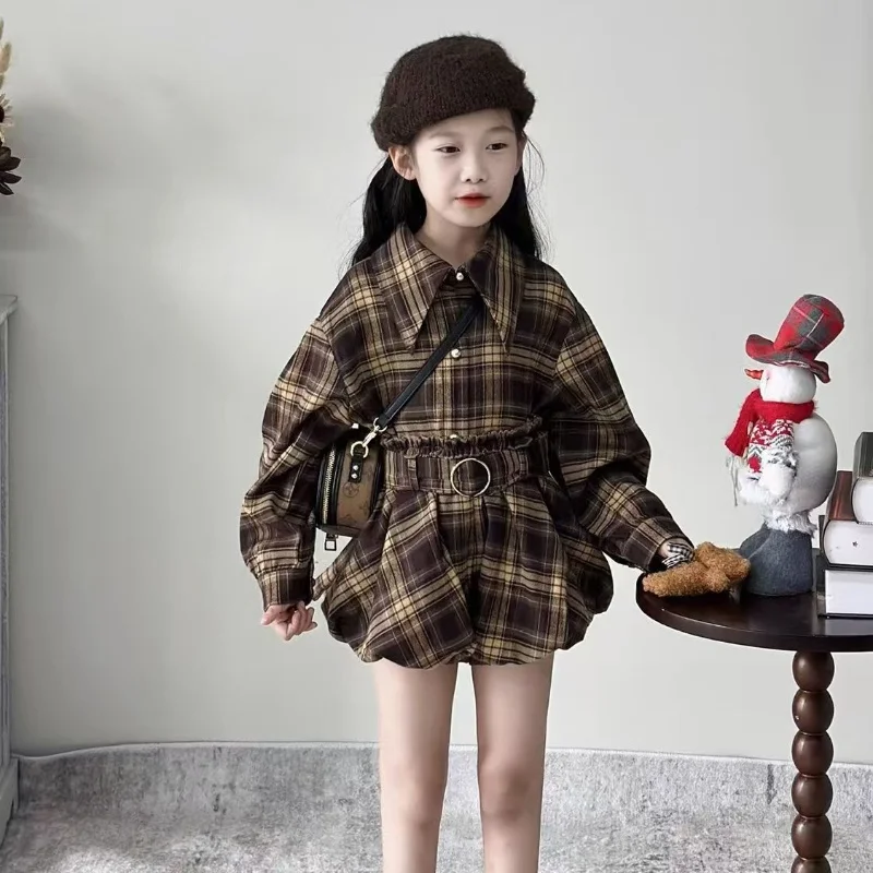 

Girls Suit Autumn New Childrens Clothing Korean Girl Baby Plingham Lapel Long-sleeved Shirt Flower Bud Shorts Two Sets 90-140cm