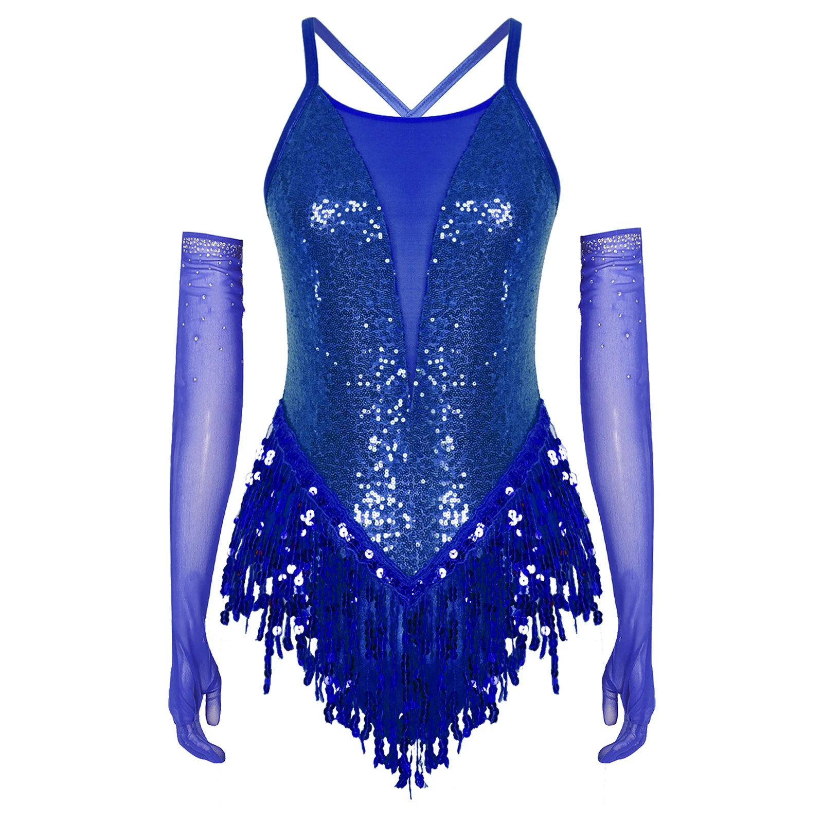 Womens Latin Tango Rumba Cha-Cha Samba Dance Performance Costume Cross Back Sparkling Sequins Fringed Leotard with 1 Pair Gloves view 5