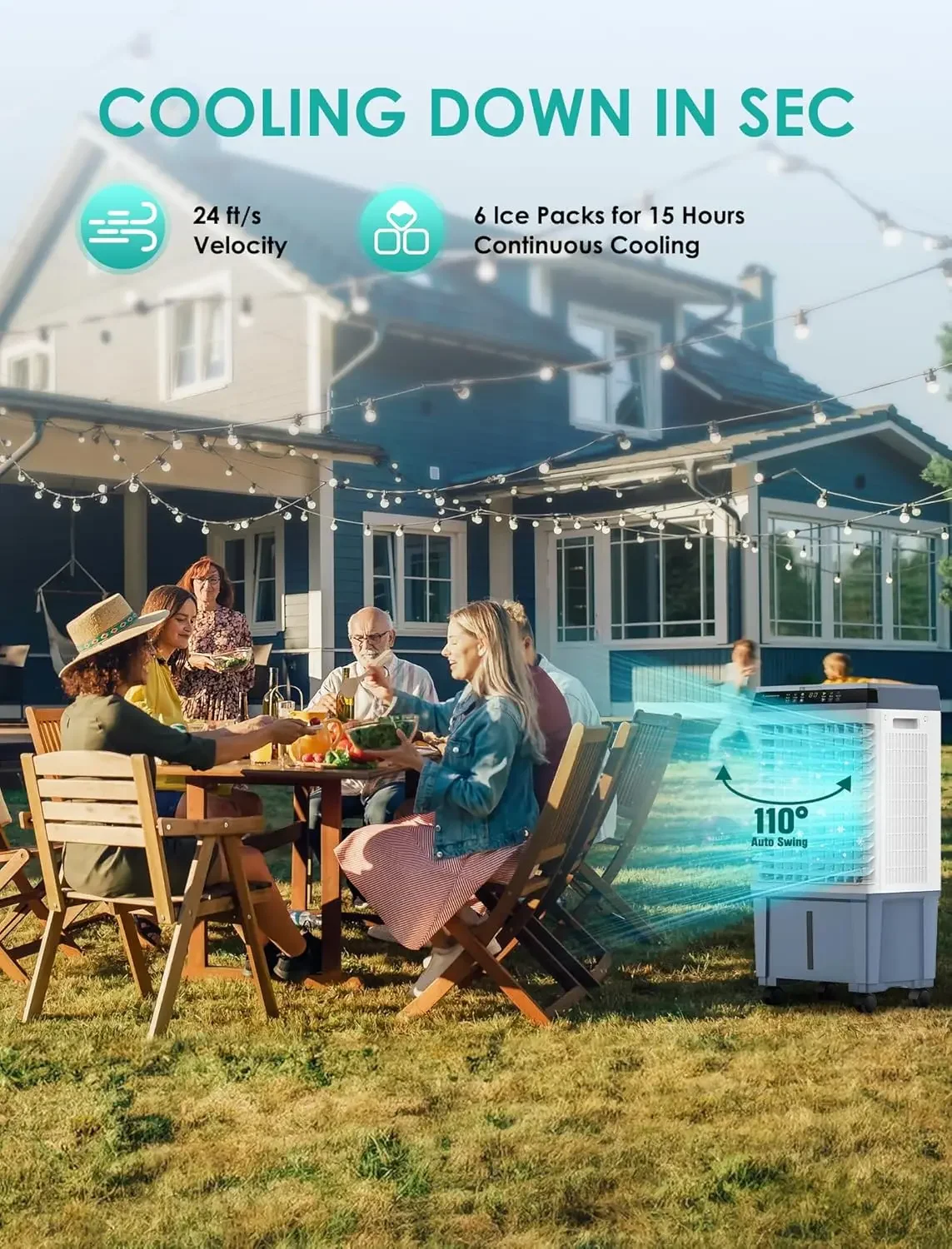 Swamp Cooler, evaporativo de 1800 CFM con 6 cajas de hielo y depósito de agua de 5,3 galones, 110 ° Swing, 3 velocidades, ventilador de refrigeración de aire 3 en 1, azul