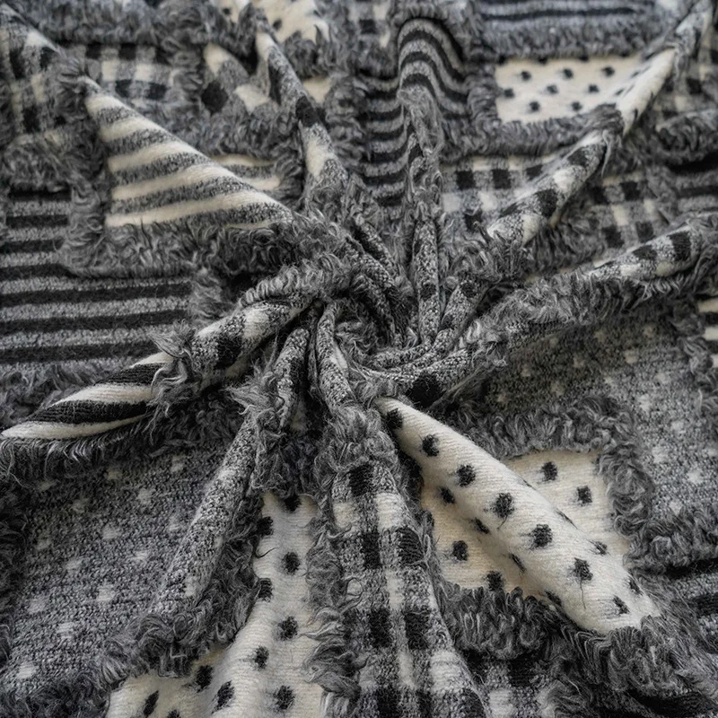 Wool Knitted Jacquard Fabric Gray White Patchwork Autumn Winter Fringe Plaid Polka Dot Women's Dress Soft Thick for Sewing Cloth