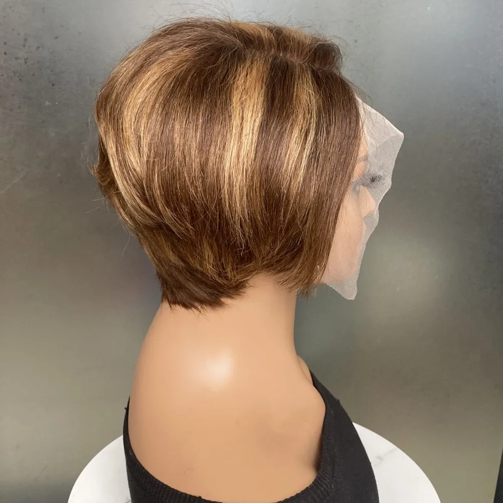 짧은 인모 픽시컷 가발, 보브 가발, 앞머리가 제거된 T자형 레이스 가발, 밀도 150%