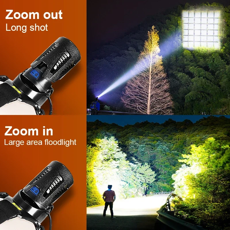 XHP360 36-cores LED Headlamp Type-C USB Rechargeable Headlight Zoomable Hunting Hand Light Power Bank Waterproof Camping Lantern
