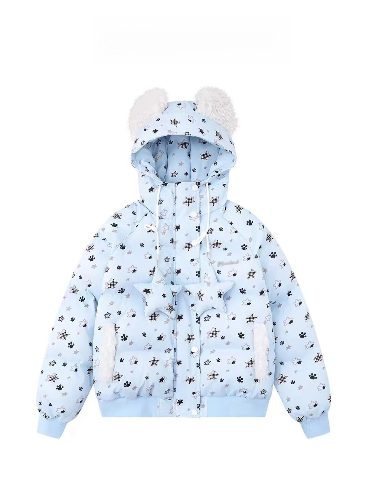 

Cute Ear ort Bread Sle Coat Women's Winter Warm Cotton Jaet Blue Star Design Hooded Fur Collar Korean Loose Fit
