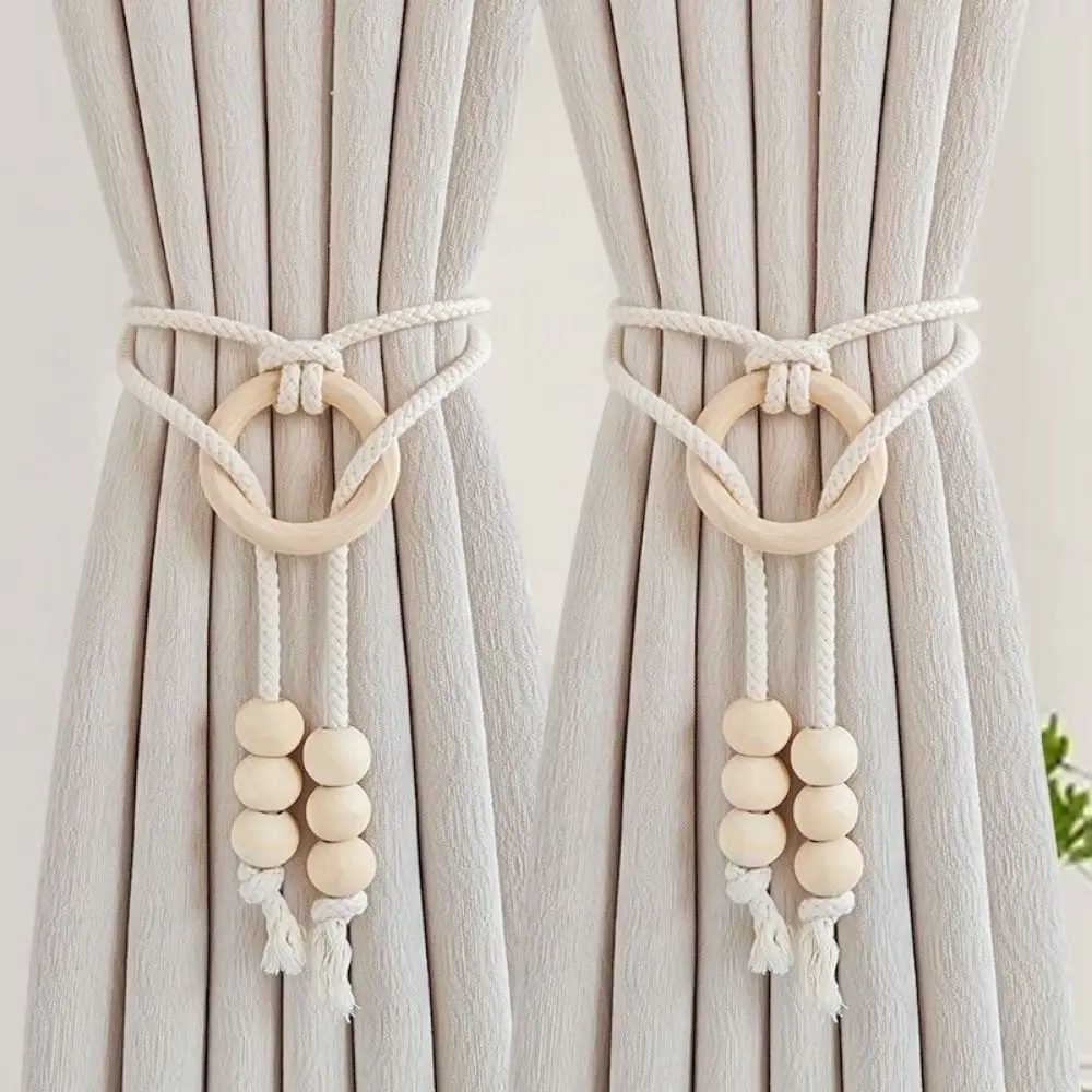 2Pcs Boho Style Curtain Tiebacks Minimalist Handcrafted Boho Curtain Tiebacks Wooden Bead Adjustable Macrame Curtain Tiebacks