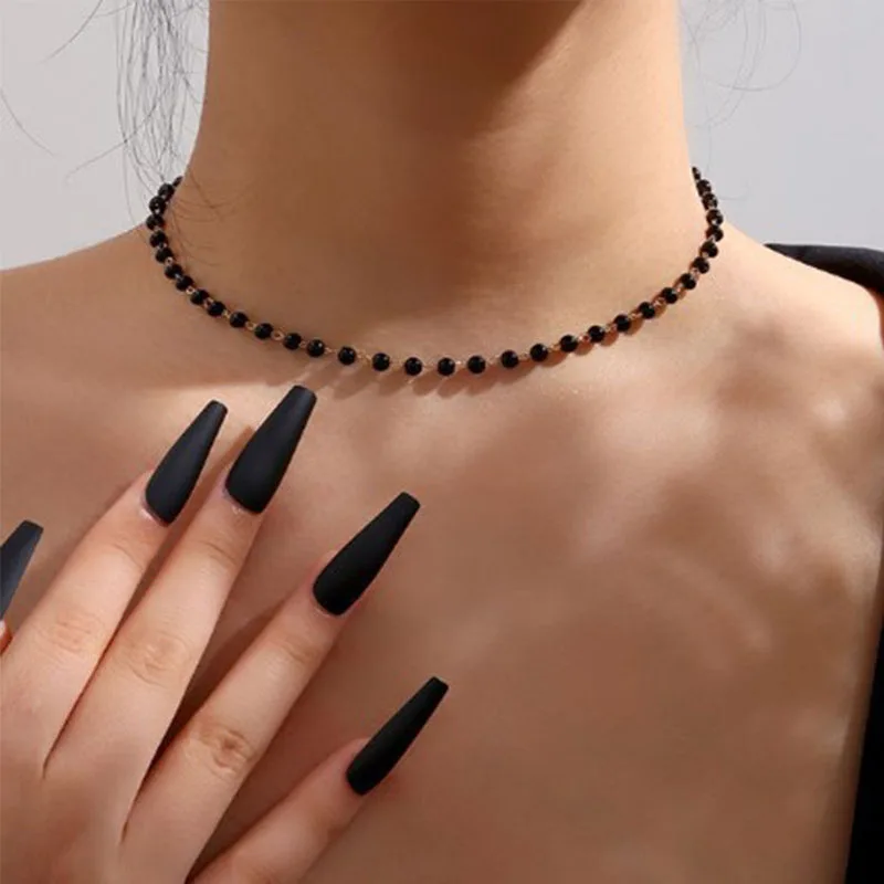 Vintage Black Crystal Glass Bead Chain Choker Necklace