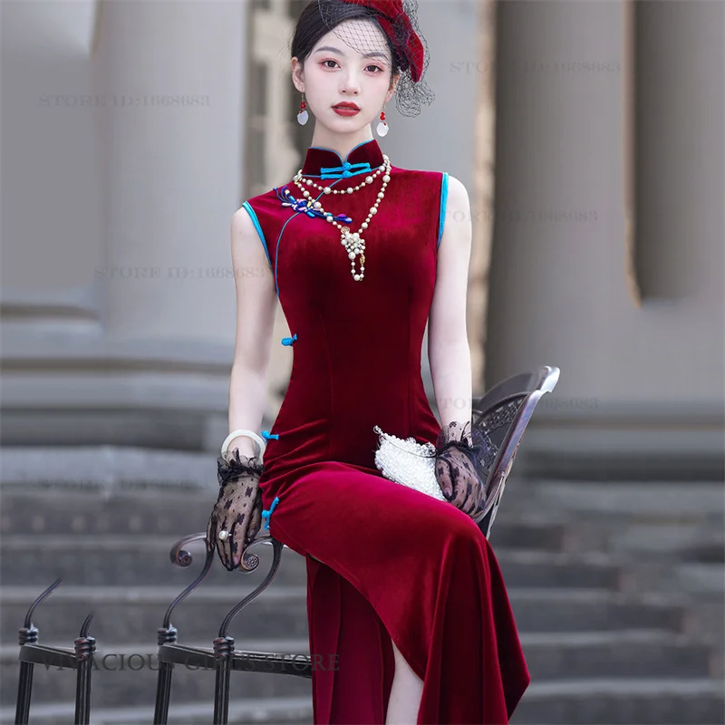 

Элегантное винтажное классическое китайское платье-ципао из бордового бархата больших размеров (3XL, 4XL, 5XL) для женщин, вечернее платье-ципао