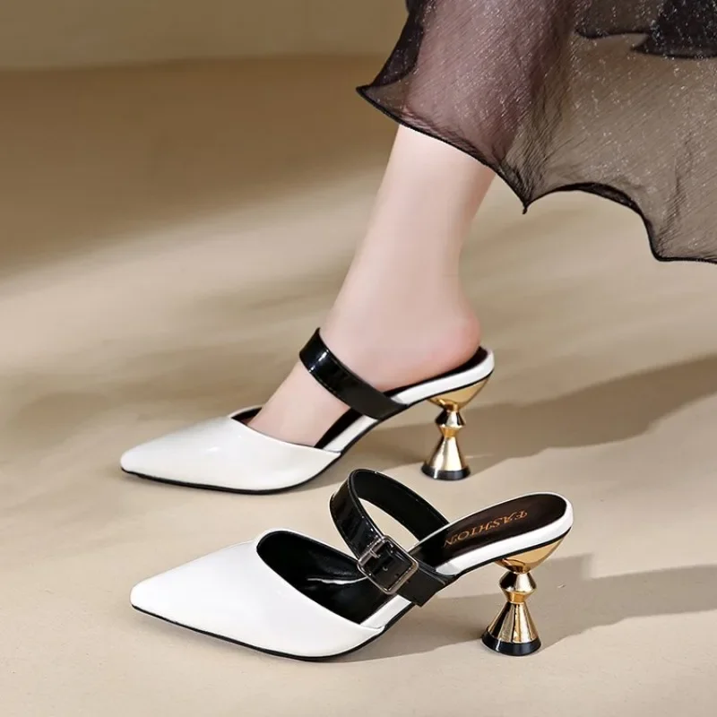 Size 35-42 Women Kitten Heels Mules Golden Rivet Pointed Toe Summer Sandals Fashion Beige Ladies Casual Med Heels Shoes