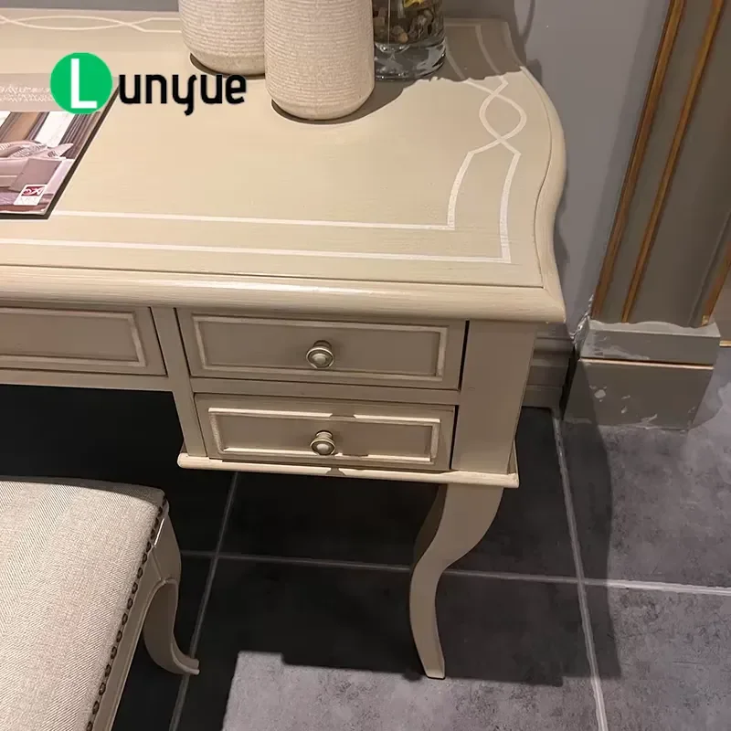 French Style Solid Oak Wood Dressing Table with Lamp Vertical Mirror Storage Cabinet Iron Frame Bedroom Vanity Furniture