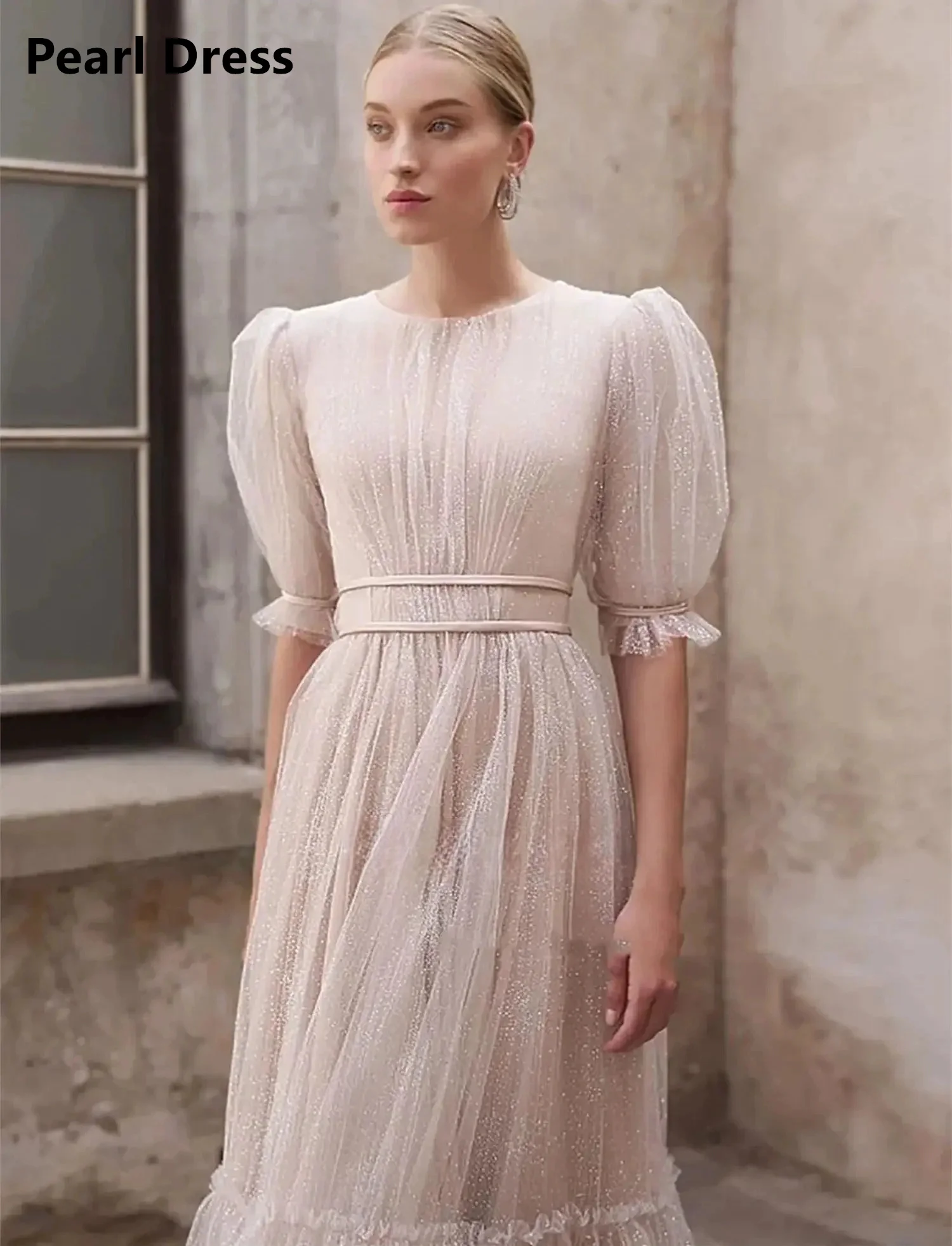 Pearl O Collar Evening Dresses Woman Elegant Party Dresses for Women Luxury Evening Dresses 2024 Belt Puff Sleeves Nude Pink image 2