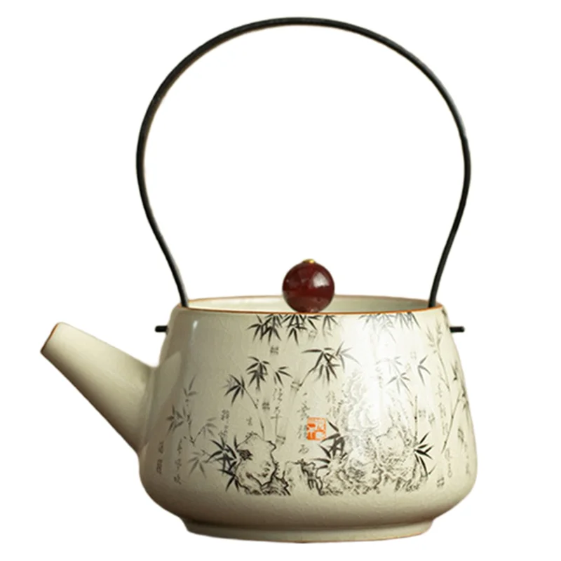 

ABZS Tea Brewing Kettle 210Ml Ru Kiln Ink Bamboo Teapot Loop-Handled Design With Filter Luxury Decorative Pot