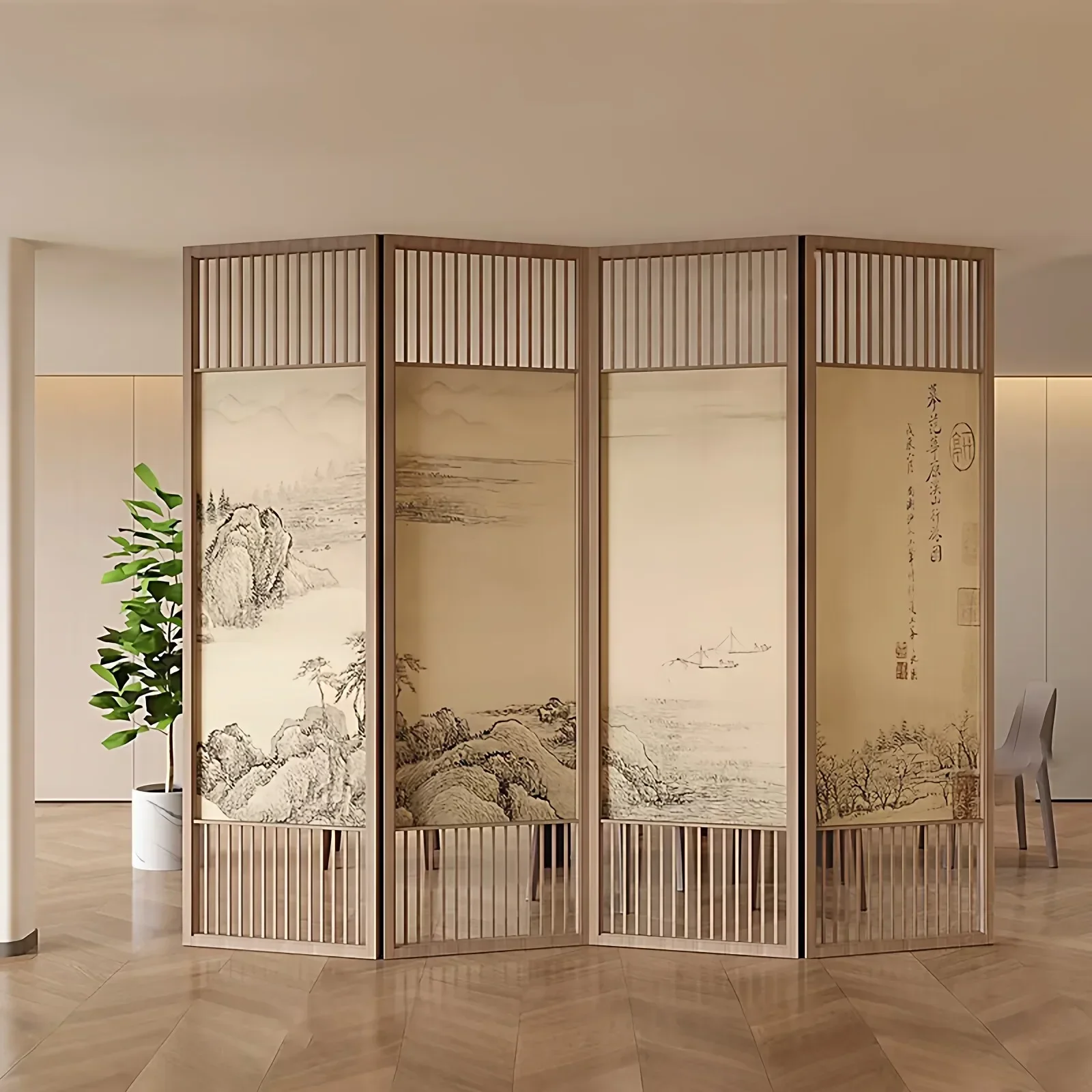 New Chinese Style Song Style Zen Landscape Painting Solid Wood Four-Fold Grille Screen Living Room Tea Room Partitionn29