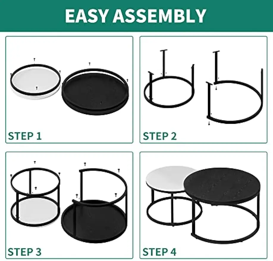 Conjunto de 2 mesas de centro aninhadas, mesa de centro redonda para sala de estar, mesas de centro de madeira com estrutura de metal resistente, preto e branco