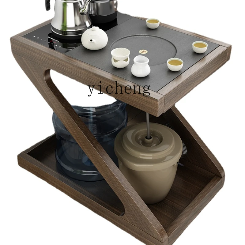 

ZC Mobile Tea Table Small Tea Table Household Solid Wood Tea Cart Living Room Coffee Table Sofa Side Table Kettle Integrated