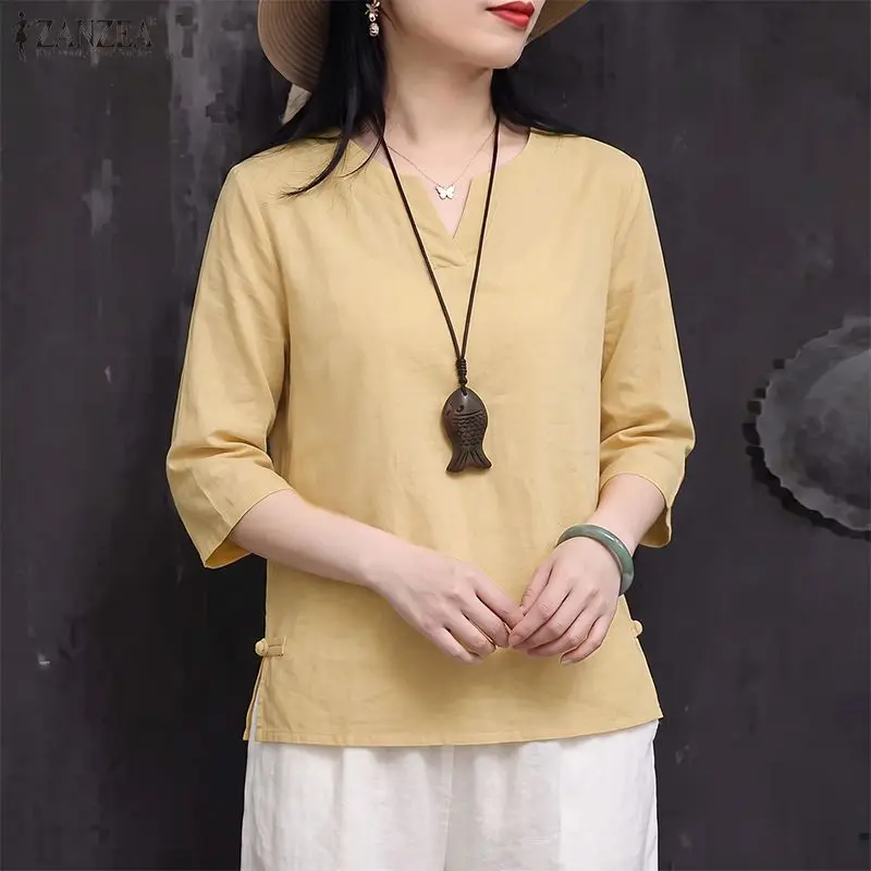 ZANZEA Women Blouses Cotton Tops Blusas Fashion 3/4 Sleeve V Neck Tunic Tops OL Work Party Autumn Summer Streetwear Oversize