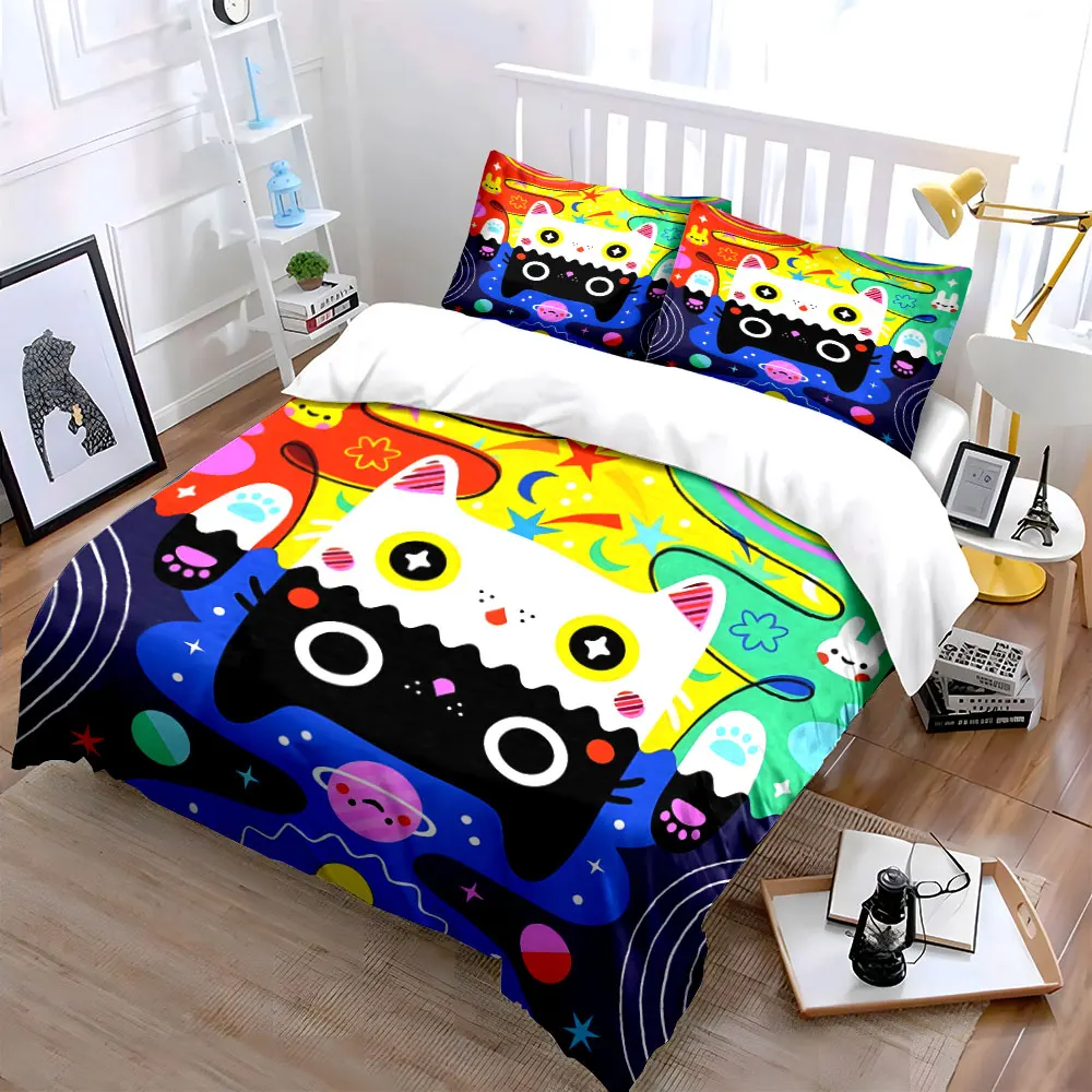 Colorful Cat Print Artwork Set Bedding Set with 1 Duvet Cover 2 Pillowcases Single Double King Queen, Gift
