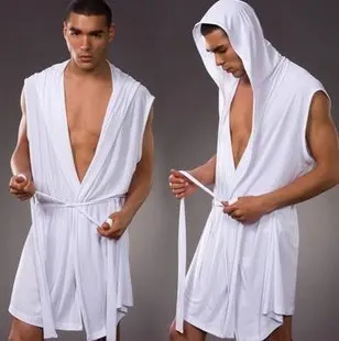 Men\'s Pajamas Sleeveless Oversized Silky Male Pajamas Hooded Bathrobe Ultra-thin Homewear Bath Robe Sexy Lingerie Gay Wear