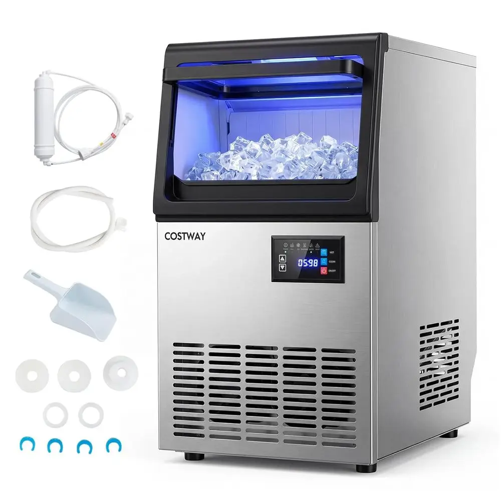 

Undercounter Stainless Steel Ice Maker, 80 lbs/24h, 30 lbs Bin, Self-Cleaning, Adjustable Thickness for Home Bar Care