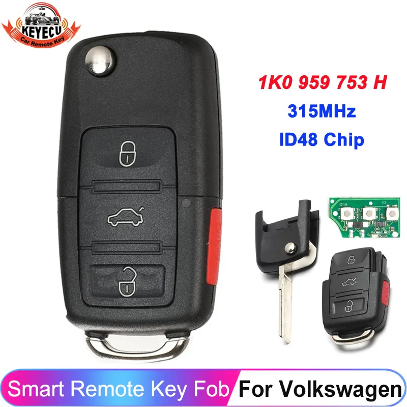 KEYECU 3+1/4 Buttons 1K0 959 753 H 315MHz ID48 Chip For Volkswagen VW Rabbit Jetta GTI Golf Eos CC 2006-2011 Flip Remote Key Fob