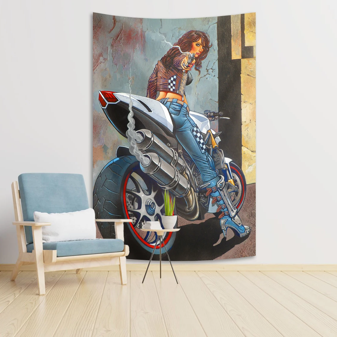 

Devil In Motorcycle Female Sailor Vintage Tapestry Flag Workshop Garage Poster Wall Decorative Art Advertising Logo