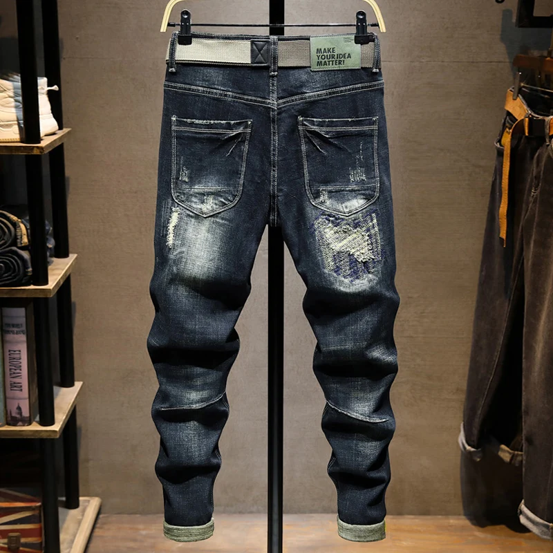 

Italian Fashion NewY2K Men's Jeans Scratch Washed Nostalgic Stretch Slimming Retro Blue Jeans Designer Pants Hombre