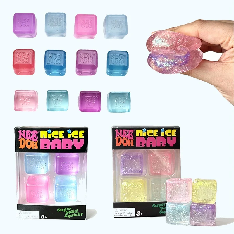 Schylling Needoh Nice Ice Baby 4 Pack Cube Maltose TPR Relief Pressure Squeeze Toy Clear Glitter Soft Squishy Portable Toy Gift