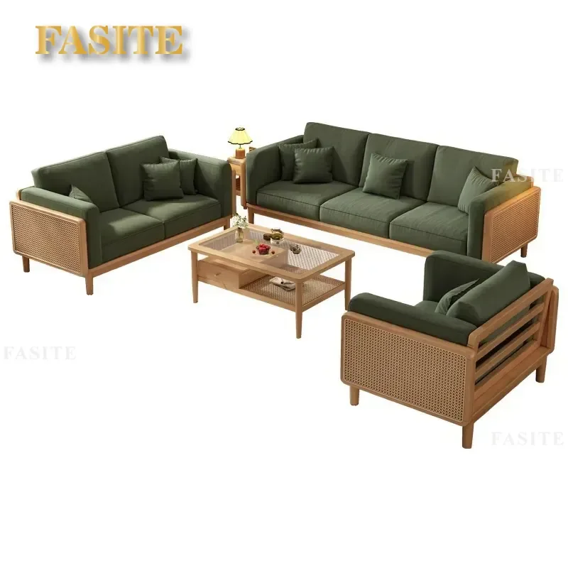 For Modern Japanese Retro Solid Wood Sofa with Rattan Details Comfortable Living Room Furniture for Small Apartment