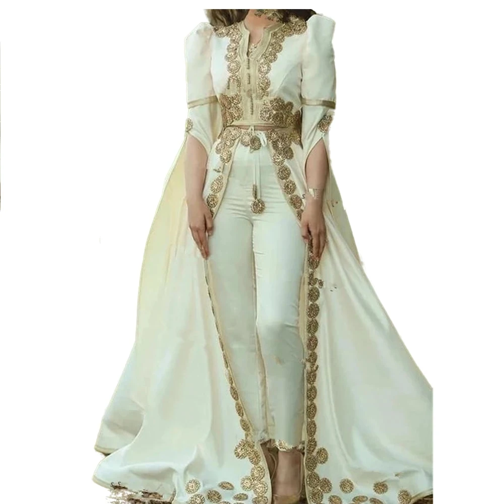 Moroccan Kaftan Jumpsuit pProm Dresses With Gold Appliques Arabic Dubai Bride Reception Gown evening with pant suit customsized