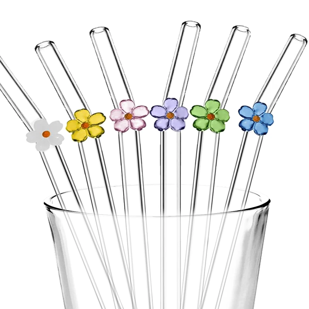 

Reusable Glass Straw, Curved Glass Straw With Colorful Flowers, With Brush Cleaning, Can Be Used For Juice, Cocktails
