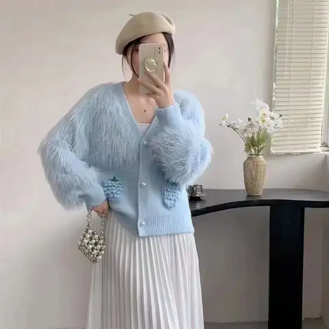 Nya Damkläder Lösa Långärmade Söta Stickade Kofta Kappa Höst Vinter Enkelhet Livlig Söt V-ringad Mjuk Topp T-shirt Femme 8 best sales fluffig kofta - №4