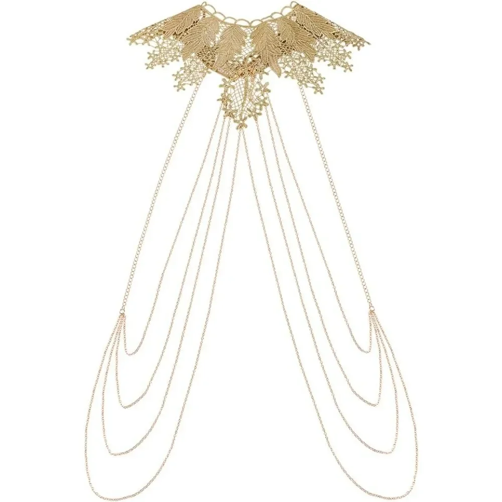 Boho Gold Body Chains Sexy Lace Shoulder Chain Bikini Bra Leaf Necklace Chain Layered Gold Tassel Body Chain Nightclub Party