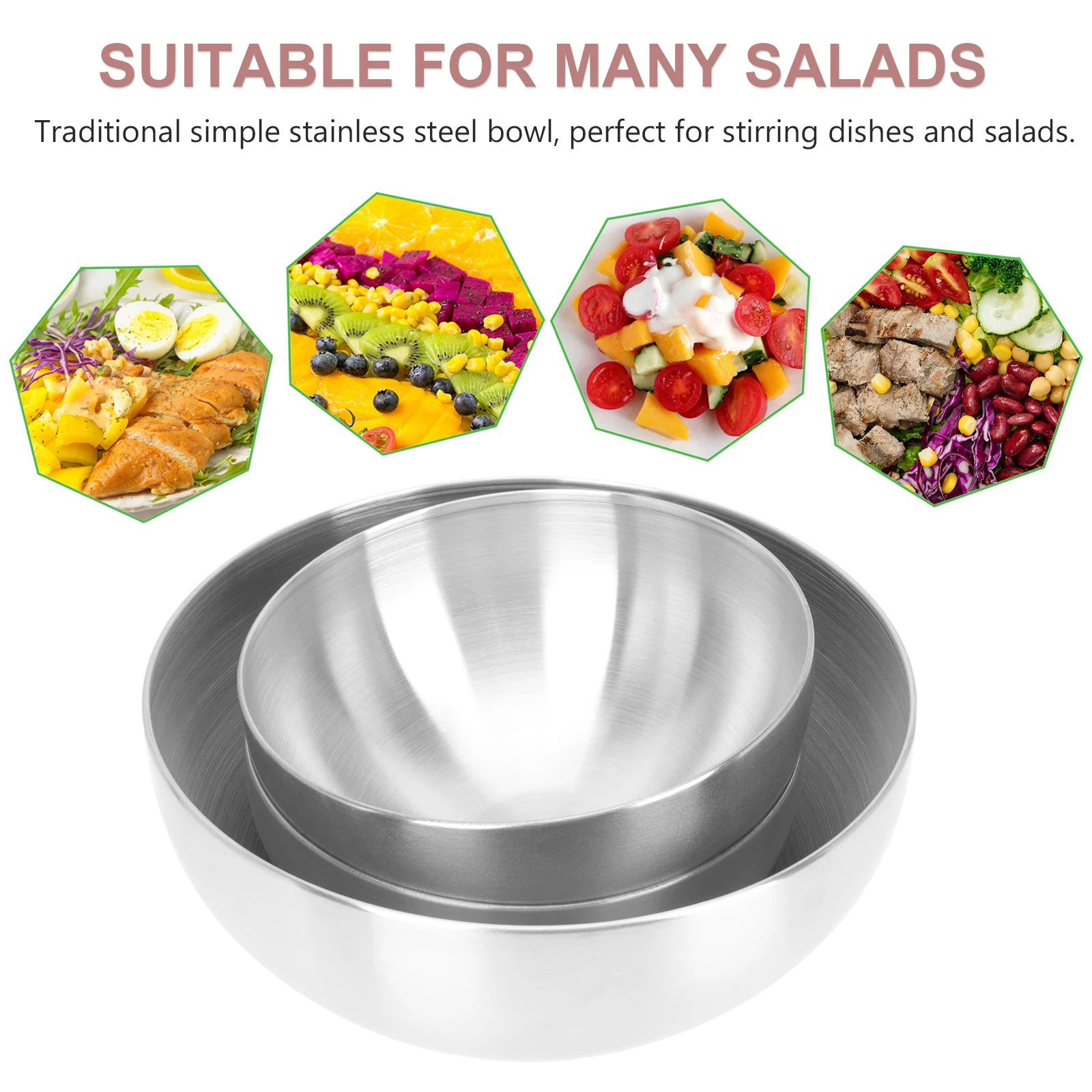 

3pcs Bowls Salad Noddles 15cm 20cm Kitchen Dessert Bowl Stainless Steel Bowl Set Easy Clean Practical