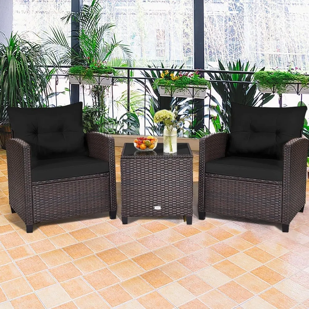 

3-piece terrace conversation set, outdoor furniture set, PE rattan sofa set with detachable cushion, PE wicker chair set
