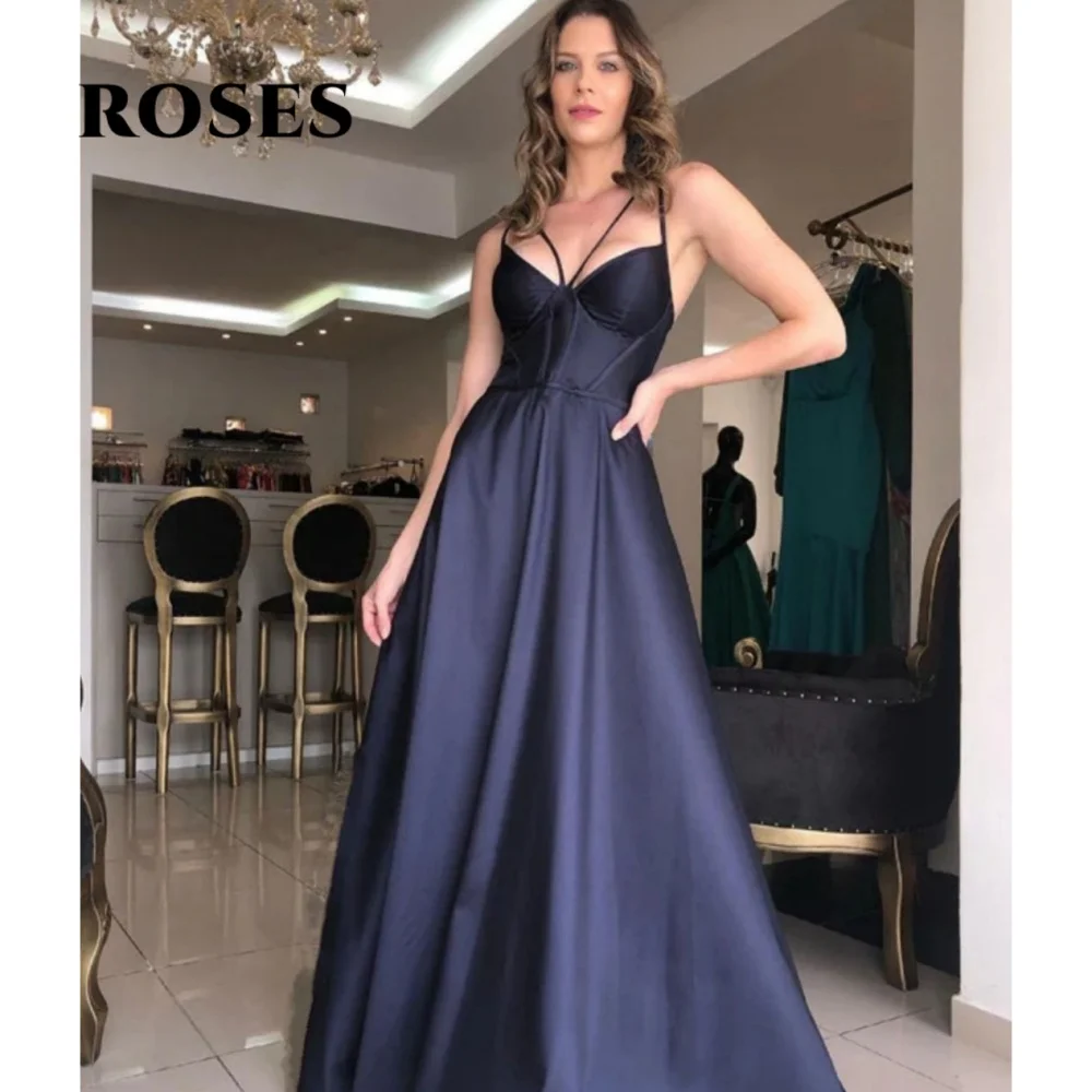 ROSES Sexy Backless Prom Dresses for Woman Sweetheart Spaghetti Straps Ball Gown Satin A-Line Prom Gown with Fishbone Customized