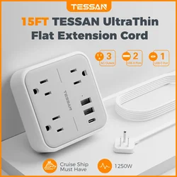 TESSAN Ultra Thin Flat Extension Cord with 3 USB Ports Low Profile Flat Head Wall Plug Slim Power Strip for Cruise,Office,Travel