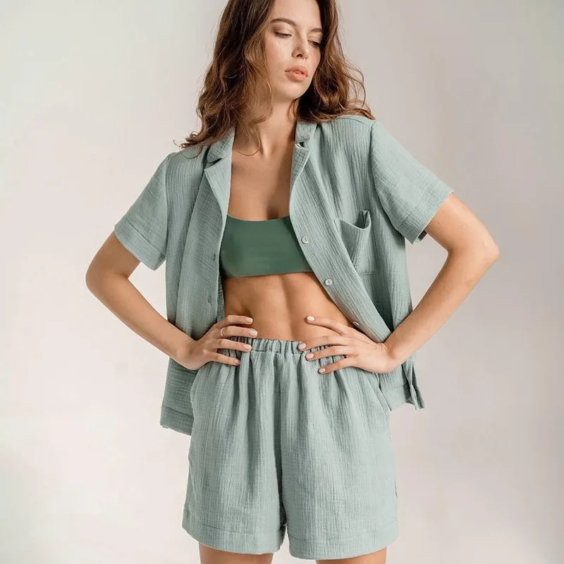 ARTIE | 100% Cotton Home Suit for Women Lapel Nightwear Single Breasted Pajamas Set with Shorts Pure Color Sleepwear with Pocket