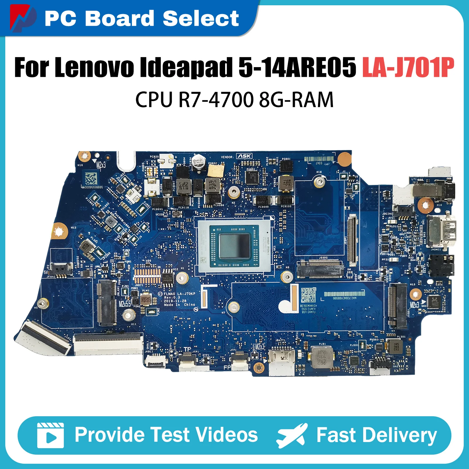 Notebook Mainboard For Lenovo Ideapad 5-14ARE05 LA-J701P Laptop Motherboard With AMD R7-4700 CPU 8G-RAM,100% test OK