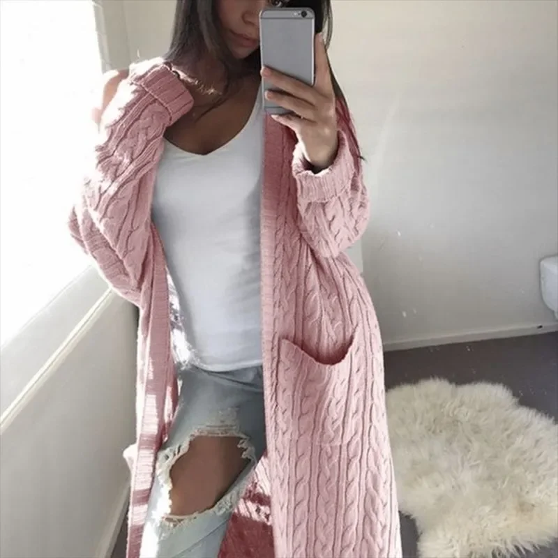 2023 Women Long Sweater Coats Autumn Winter Thicken Long Sleeve Pocket Twist Knitted Cardigan Loose Coats Outwear