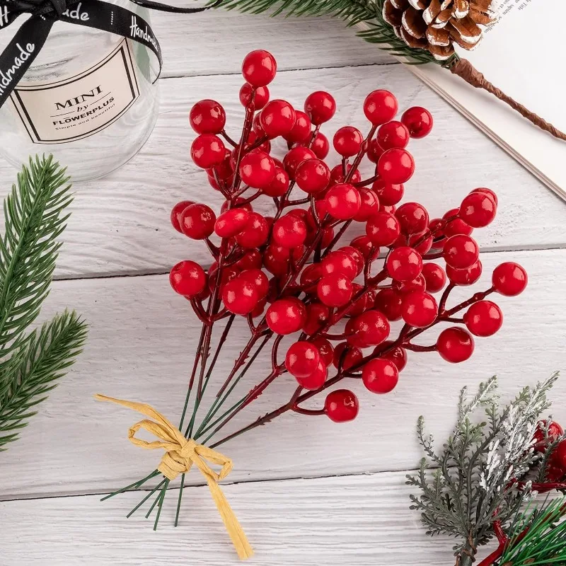 100/5pcs Christmas Artificial Red Berries Stem Ornament Red Holly Berry Stamen Fake Flowers Plants for New Year Party Home Decor