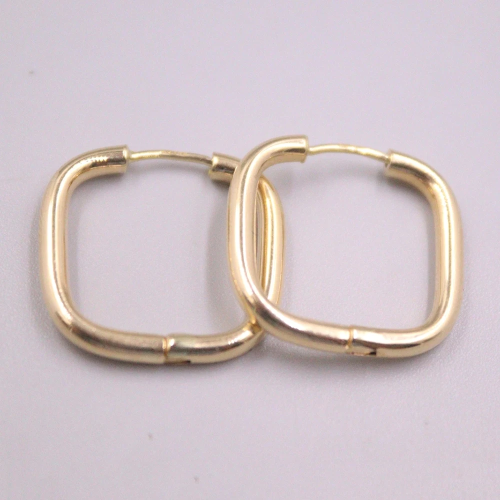 Real Pure 18K Yellow Gold Hoop Women Gift Lucky Smooth Round Square Earrings 2.23g