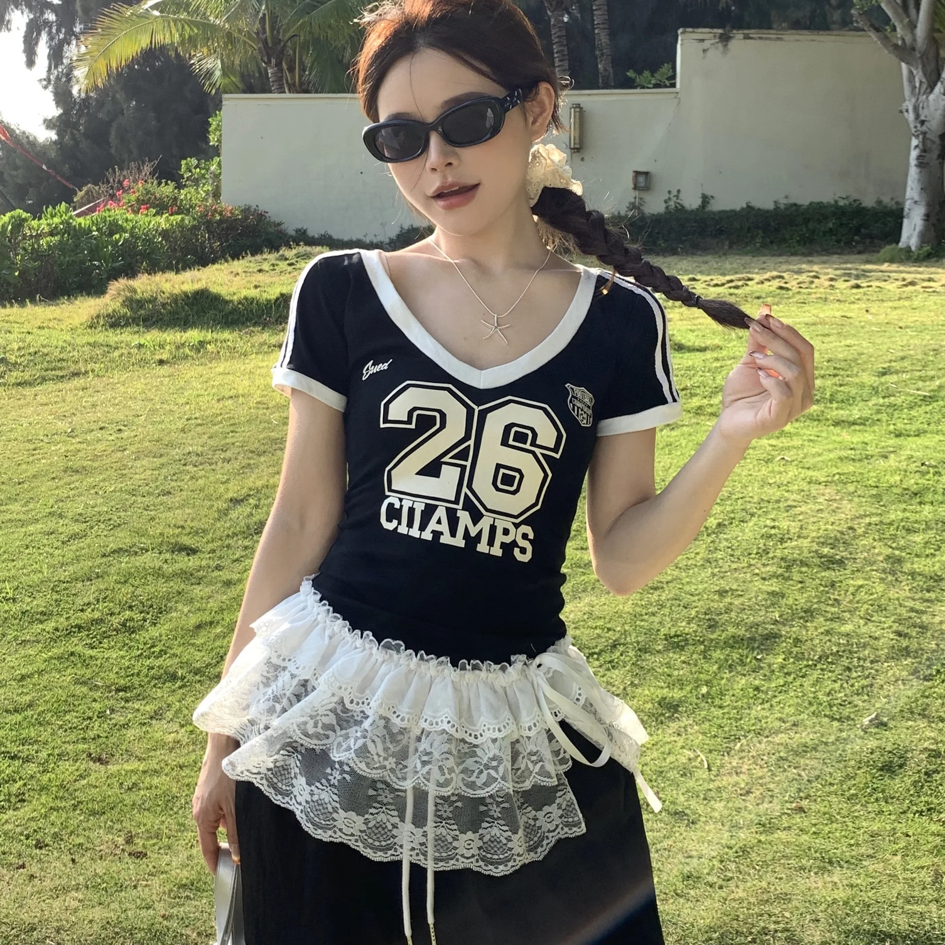 

Новая весенняя кружевная юбка с занавеской, женский двухслойный облегающий нишевый дизайн, школьный стиль, кружевной шелковый шарф, универсальный