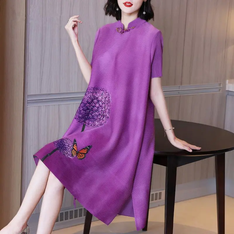 

Purple temperament gentle style pleated dress 2023 summer retro short sleeved loose printed cheongsam style dress female tops