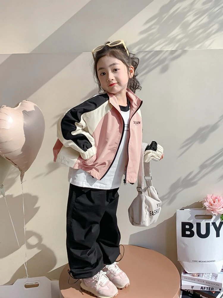 Kids Girls Spring Windbreaker Jackets Colorblocking Trench Zipper Coats Autumn Children Casual Clothes Baseball Outerwear 2-10 Y