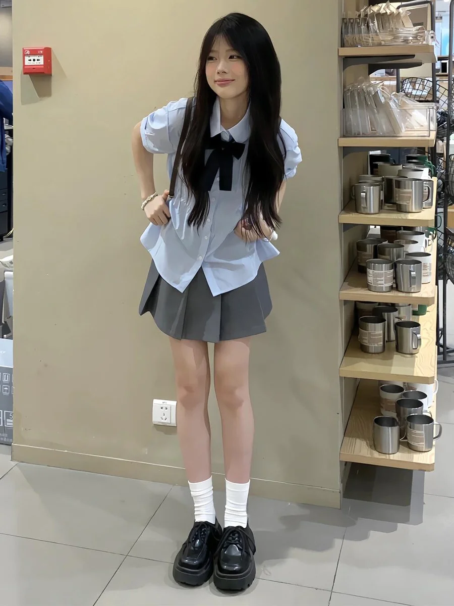 

Loose Korean Style Blue Pleated Short Sleeve Women's Shirt Summer Student Fashion Top Casual Versatile Size Small Friendly