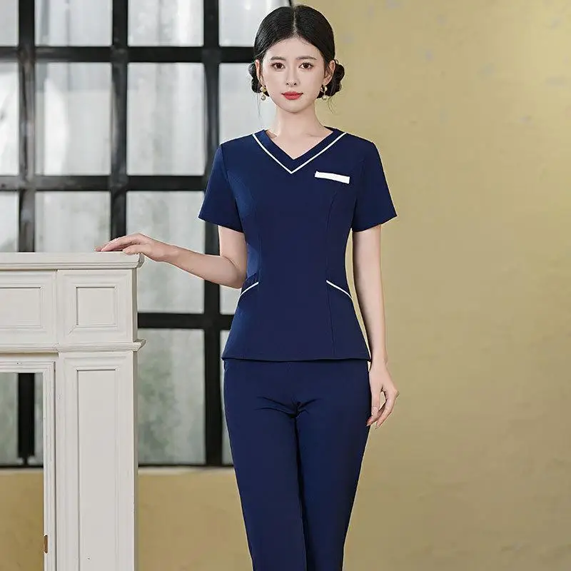 new-women's-work-clothes-set-hotel-waiter-beauty-hairdressing-spa-massage-nail-salon-sexy-sauna-technician-high-end-v-neck-pants