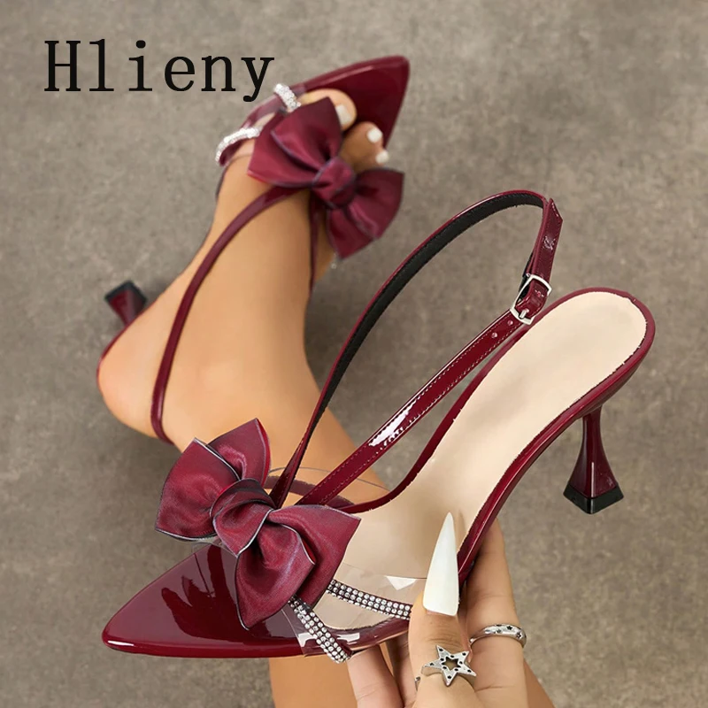 

Hlieny Wine Red Back Strap Woman Sandals Pointed Toe Bowknot High Heels Female Party Pumps Elegance Dress Shoes Zapatos De Mujer